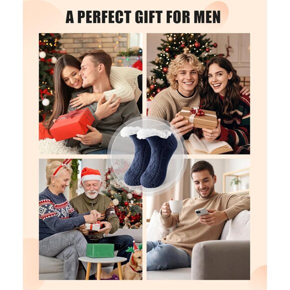 Men's Slipper Blue Socks with Grippers Fuzzy Thermal Winter Non-Slip Cozy Fleece - Picture 6 of 6
